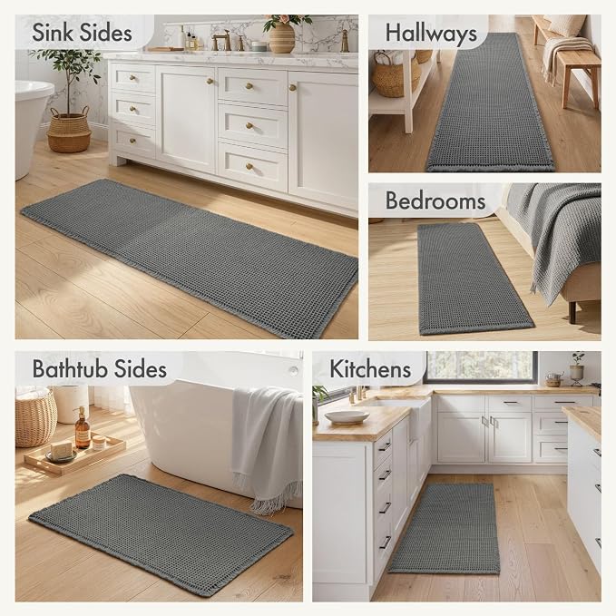 MIULEE Waffle Bathroom Runner Rugs, Super Absorbent Non Slip Bath Rug, Upgraded Soft Quick Dry Washable Boho Long Bath Mat with Tassels for Hallway Laundry Room Bedroom, 17"x48", Dark Grey