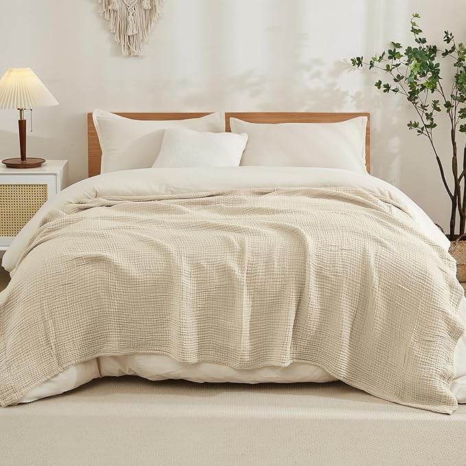 EMME Cotton Blanket Queen Size for Bed Soft Muslin Bed Blankets 90"x90" Light Tan Lightweight Breathable Bedspread Coverlet All Season Gauze