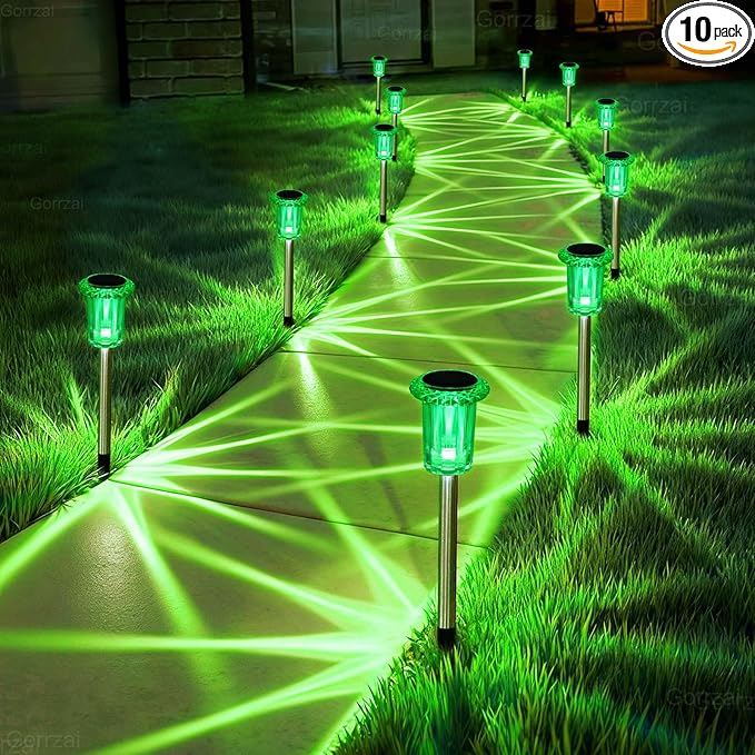 Solar Lights Outdoor 10 Pack Solar Pathway Lights Green Halloween Decorations Waterproof Yard Lighting for Outside Driveway Garden Walkway Path Landscape Lawn