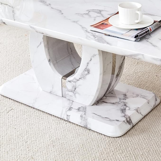 LKTART Rectangle Coffee Table for Living Room, Imitation Marble Coffee Tables with Storage, Modern Stable Base Center Tea Table for Dining Room Small Space Apartment (43.3''L×22.4''W-White)