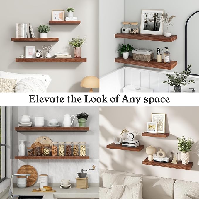 Floating Shelves for Wall, 9.3" Deep Wall Mounted Wood Shelves for Bathroom, Bedroom, Living Room, Kitchen, Hanging Shelf for Books/Storage/Room Decor (Walnut, 36")