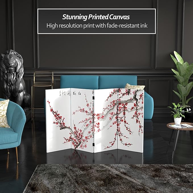 Red Lantern 3 ft. Short Double Sided Plum Blossom Canvas Room Divider 4 Panel Freestanding Folding Privacy Screen Partition and Separator for Modern and Contemporary Bedroom Home Office Studio Dorm