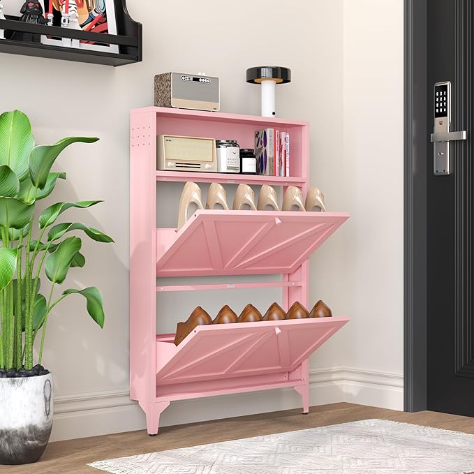 Slim Shoe Cabinet for Entryway with 2 Flip Drawers, Narrow Hidden Shoe Storage Cabinet, Farmhouse Shoe Drawer Organizer with Metal Legs for Front Door, Foyer, Corner (2 Door, Pink)