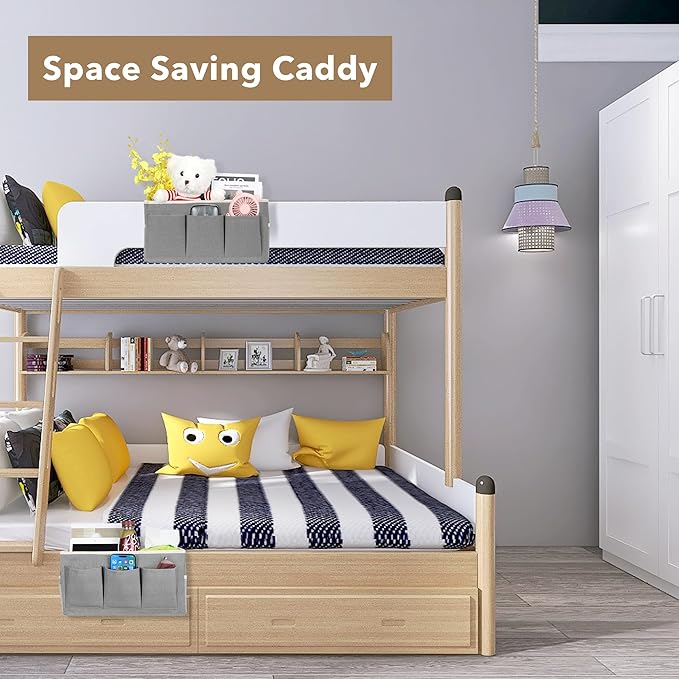 Kanrichu Bedside Caddy Hanging Storage Bag, Organizer Baskets with Pockets for Bunk Bed Accessories, Loft & Dorm Rooms Chair Bed Rails (Gray_1pcs)