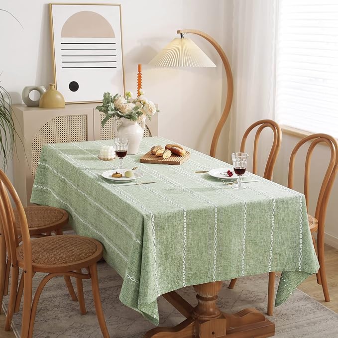 Chassic Rectangle Tablecloth 60 x 84 Inch, Farmhouse Boho Linen Table Cloths, Wrinkle Free & Washable Tablecloths for Dining Tables, Spring Kitchen Decor – Hemstitch Sage Green
