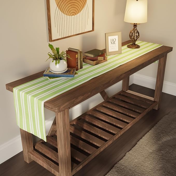 Encasa XO Cotton Dining Table Runner | Franca Lime Stripes | Size 13x120 in - Machine Washable & Durable
