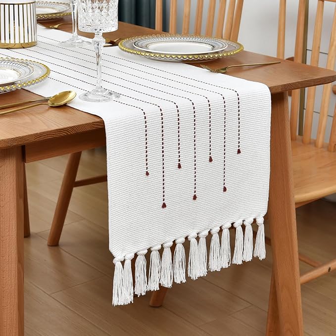 Boho Table Runner Natural Cotton Woven Runner with HandmadeTassels for Home Dining Table décor, for Modern Farmhouse Decor Coffee Table Runner (Wine red, 14x60Inch)