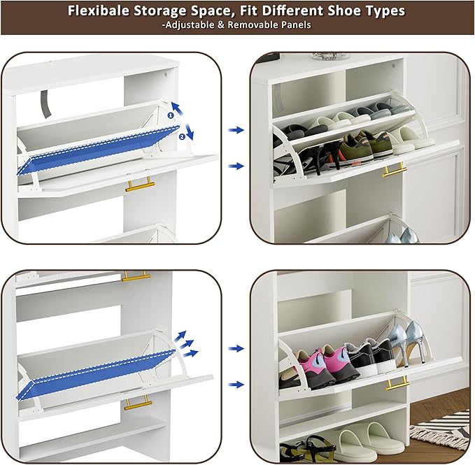 Shoe Cabinet Storage, Hidden Shoe Organizer, Modern Freestanding Organizer with 2 Flip Drawers Louvered Shoe Cabinet for Entryway (White, 2 Drawers)