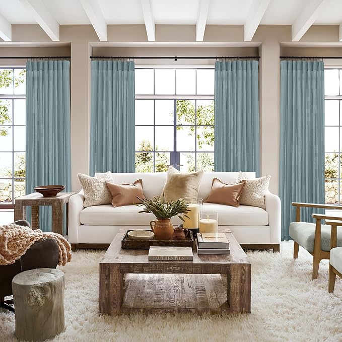 RYB HOME Linen Sheer Curtains 2 Panels for Living Room, Semi Transparent Privacy Drapes with Rod Pocket Farmhouse Style Window Treatments for Bedroom， Stone Blue， 52" W x 90" L