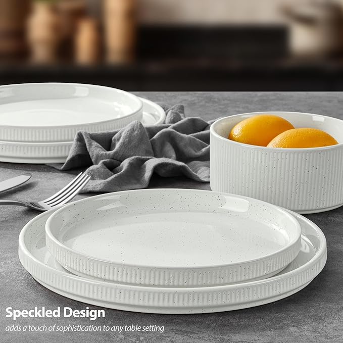 LIANYU Dinnerware Sets with Pasta Bowls for 4, 16 Piece Stoneware Plates and Bowls Set, Ribbed Dishes Dishware for Home Kitchen, Microwave and Dishwasher Safe, Speckled White