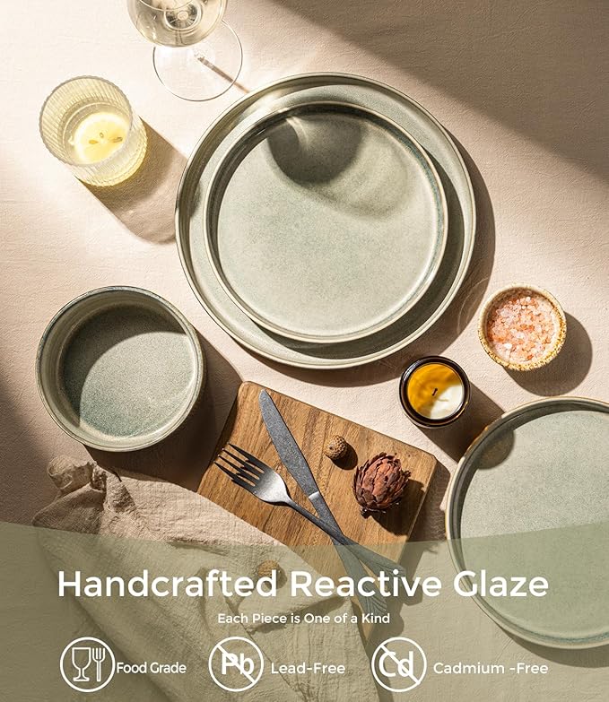 GBHOME 12-Piece Stoneware Dinnerware Set for 4 – Ribbed Ceramic Plates and Bowls, Scratch-Resistant, Microwave & Dishwasher Safe, Reactive Glaze, Desert Sage