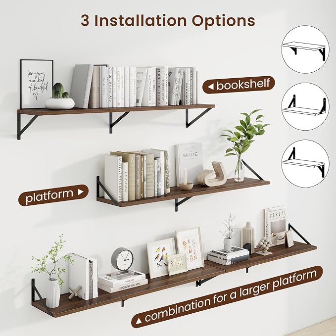 Axeman 48 Inch Floating Shelves | 10 Inch Deep Walnut Wall Shelves Set of 2 | 48" W x 10" D Walnut Floating Shelves for Living Room Bathroom Kitchen