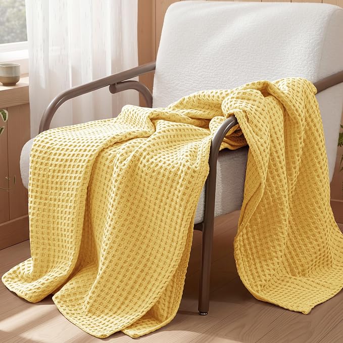 Exclusivo Mezcla Pre-Washed 100% Cotton Waffle Throw Blanket for Couch, 330GSM Lightweight Breathable Summer Blankets, Soft and Cozy, Room Decor, Yellow, 50x60 Inches