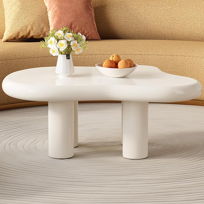 35.43" White Cloud Coffee Table, Modern Round Edge Coffee Table with 4 Sturdy Support Legs and 2.28" Thick Tabletop,Easy Match for Living Room, Bedroom, Balcony, Patio