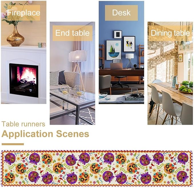 Mexican Fiesta Table Runner Decoration Skull Cinco De Mayo Dia De Los Muertos Runners Farmhouse Rustic Day of The Dead Decor Supplies for Kitchen Dining Home, 13x60 Inch White
