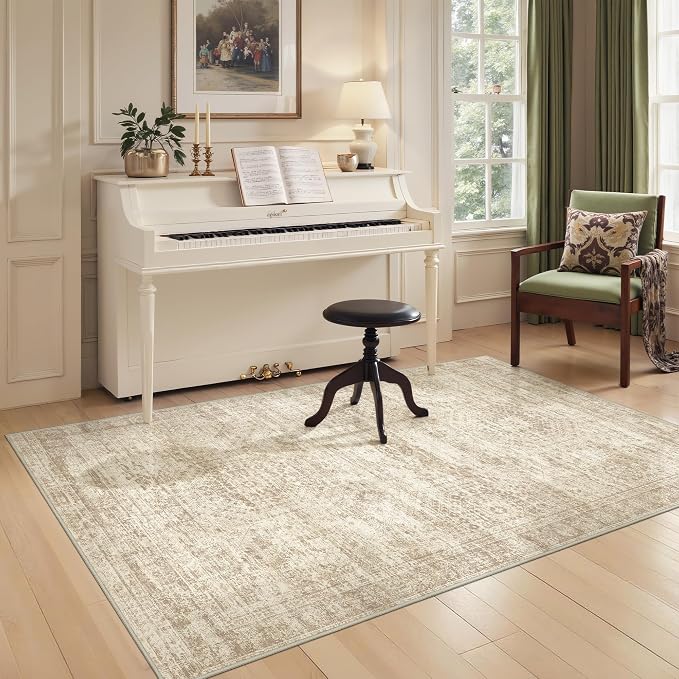 Area Rugs 4x6 for Living Room, Non-Slip Backing Small Kids Rugs for Bedroom, Vintage Abstract Rug Home Decor, Low Pile Soft Washable Rug for Kitchen, Dining Room (4'x6', Beige/Ivory)