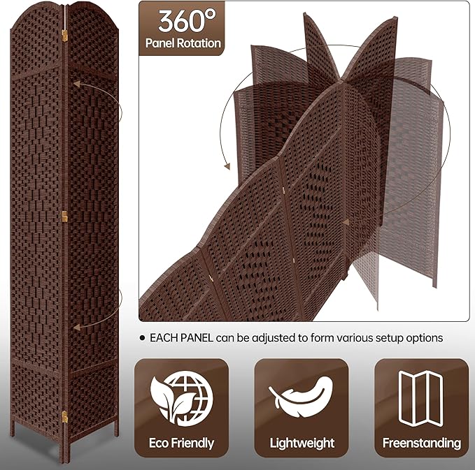DURASPACE 6 Panel Room Divider, 6ft Tall Folding Privacy Screen, 360°Rotation, Hand-Woven Freestanding Wood Partition for Room Separation
