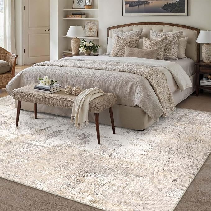 7x10 Washable Area Rug Beige Grey Abstract Non Slip Soft Low Pile Rug for Living Room Bedroom Dining Room Office Neutral Modern Indoor Throw Carpet for Home Decor