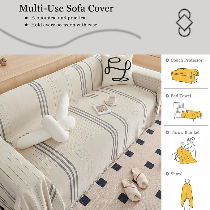 DREAMINGO Couch Cover Reversible Chenille Loveseat Sofa Covers for Dogs Pets Beige Grey Couch Protector for 2 Cushion Couch Sofa Vertical Stripe Jacquard Sofa Slipcover Sectional, 71"x118"
