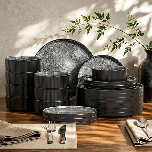 Kitchen Academy Black Ceramic Dinnerware Sets for 8, 24Pcs Non Toxic Stoneware Plates and Bowls Set, Scratch Resistant Dinner Set, Oven & Microwave & Dishwasher Safe