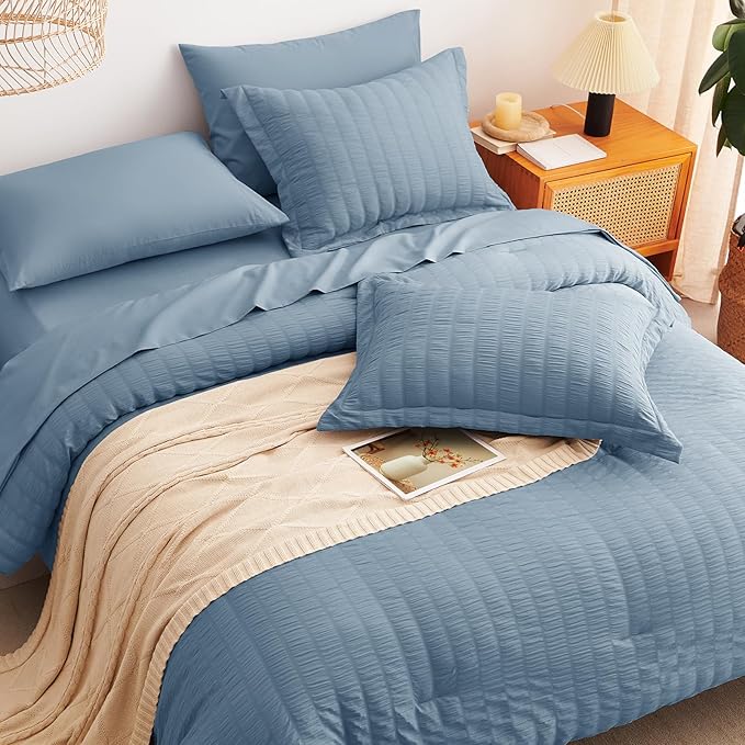 CozyLux California King Comforter Set with Sheets 7 Pieces, Grayish Blue Seersucker Bed in a Bag Cal King Luxury Bedding Sets with Down Alternative Comforter, Sheets, Pillowcases & Shams, Dusty Blue
