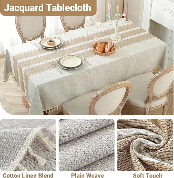 Laolitou Cotton Linen Waterproof Tablecloth for Dining Table Rustic Farmhouse Kitchen Rectangle Table Cloth Coffee Tables Cover, Coffee Lines, 55x102 Inch