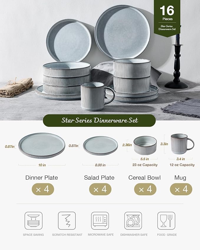 Famiware Star 16-Piece Stoneware Dinnerware Set, Service for 4, Reactive Glaze Mugs, Plates and Bowls, Dishes with Trim, Modern Rustic, Chip/Scratch Resistant, Microwave/Dishwasher Safe, Smoky Blue