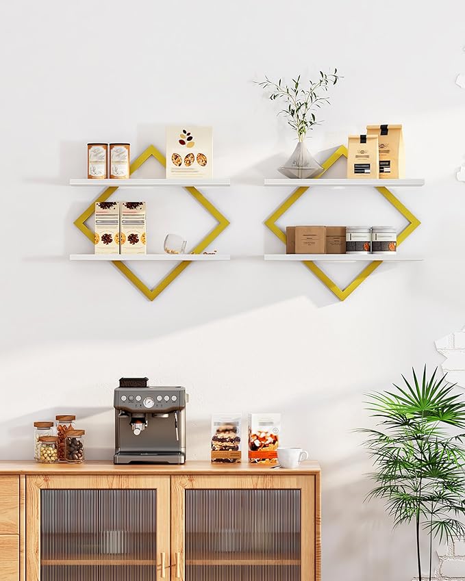 CHOEZON Floating Shelves for Wall, Set of 2 Wall Mounted Shelves, 2-Tier Hanging Shelves, for Living Room, Bedroom, Kitchen, Office, Study, Gold and White TBJ01P2JW