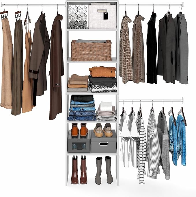 Furinno FANO Closet Organizers and Storage, 5-Tier Wide Closet Storage Organizer with 3 Hanging Bars and Adjustable Shelf, Wardrobe Closet Shelf Tower, 14.8 x 23.6 x 82.1 for Wardrobe, Bedroom, White