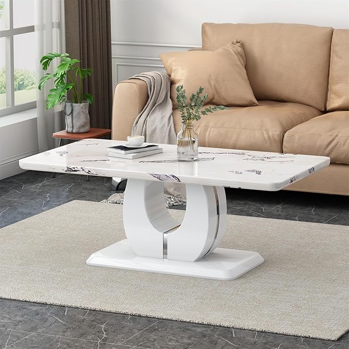 LKTART Rectangle Coffee Table for Living Room, Imitation Marble Coffee Tables with Storage, Modern Stable Base Accent Center Tea Table for Dining Room Small Space Apartment (43.3''L×22.4''H-White)