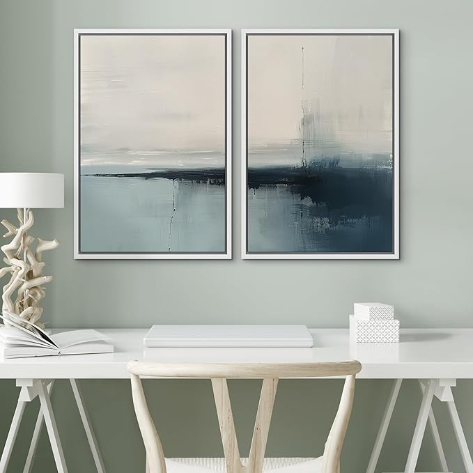 SIGNWIN Framed Canvas Print Wall Art Modern Blue Ocean-Inspired Coastal Abstract Serene Neutral Tones with Subtle Patterns Illustrations Decorative for Living Room, Bedroom, Office - 24"x36"x2 White