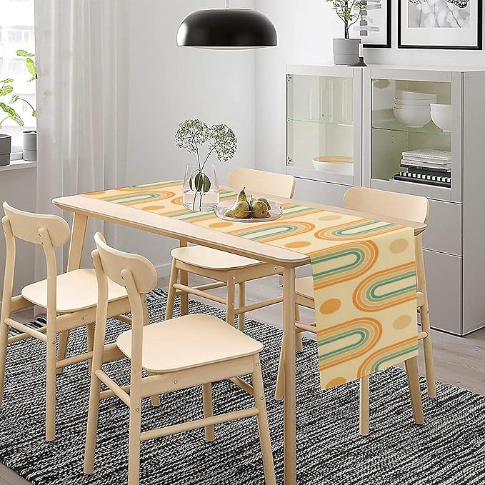 Mid Century Modern Table Runner, Colorful Rainbow Neutral Groovy Curved Sun Table Runner for Kitchen Dining Home Party Birthday Party Decor, 13x90 Inch