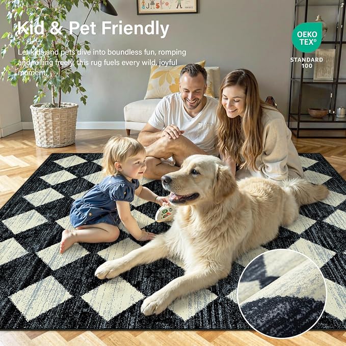 Lahome Zelie Machine Washable Area Rugs for Bedroom Aesthetic, 4x6 Soft Living Room Area Rug Non Slip Entryway Rugs, Moroccan Trellis Printed Black and White Indoor Kitchen Carpet for Bedside Office