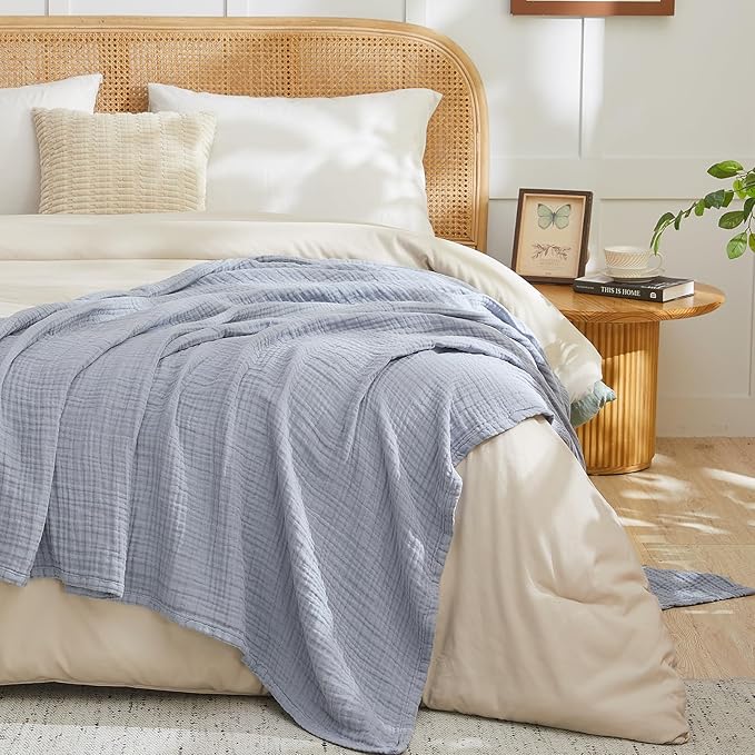 EMME Cotton Muslin Twin XL Blanket Breathable Gauze Blanket Soft Lightweight Blankets Adults Gifts for Women (Dusty Blue, 66"x90")