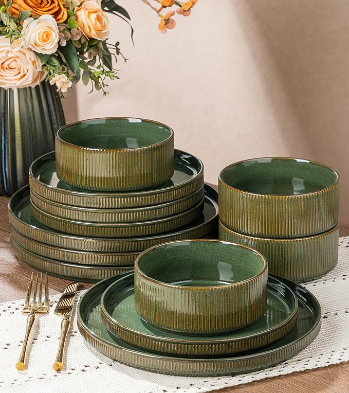 GBHOME Stoneware Dinnerware Sets for 4, 12 Pieces Ceramic Ribbed Plates and Bowls Set, Reactive Glaze Stackable Plate Sets, Scratch Resistant Dishes, Microwave & Dishwasher Safe, Sage Green
