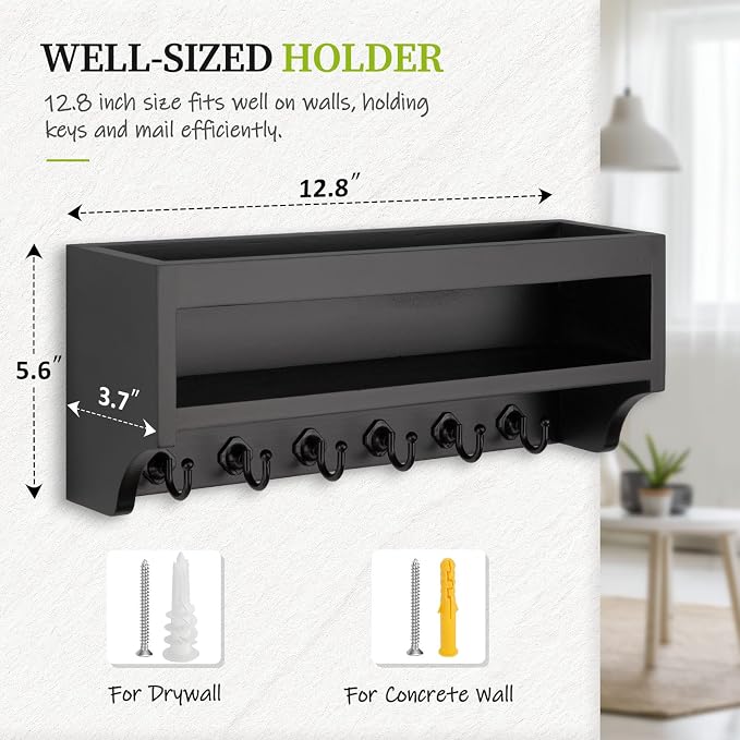 Nekon Key Holder Wall Mount, 12.8" W x 5.6" H x 3.7" D Wall Mounted Key and Mail Organizer with 6 Key Hooks, Key Racks for Home Entryway Decor (Black)