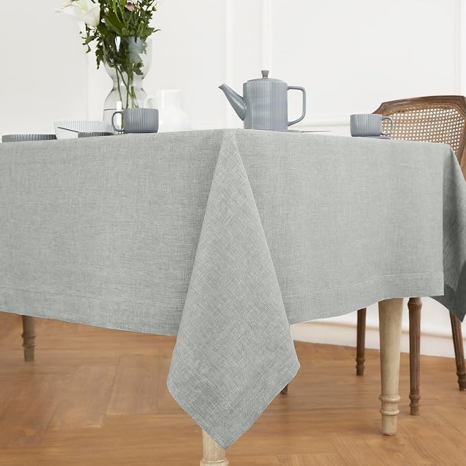 Solino Home Linen Tablecloth 60 x 90 Inch - 100% Pure Linen Chambray Grey Table Cloth for Rectangle Tables - Athena, Machine Washable Fabric Tablecloth