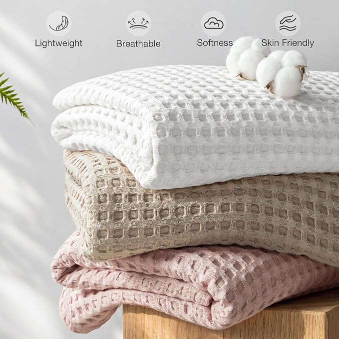 Exclusivo Mezcla Pre-Washed 100% Cotton Waffle Throw Blanket for Couch, 330GSM Lightweight Breathable Summer Blankets, Soft and Cozy, Room Decor, Pure White, 50x60 Inches