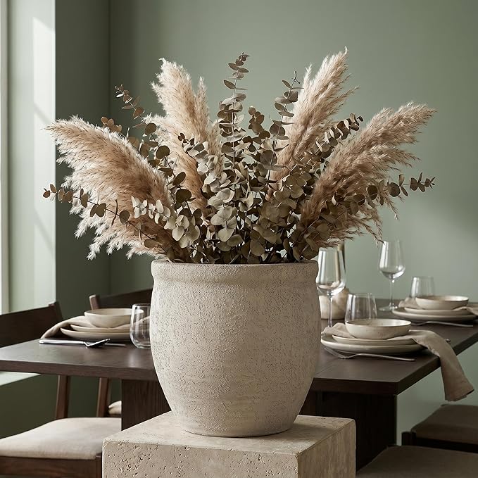 9" Dia Fiberstone Planter – Modern Farmhouse Indoor/Outdoor Flower Pot, Beige Decorative Plant Pot with Grainy Matte Texture & Drainage Hole for Patio, Porch, Garden, Home Décor