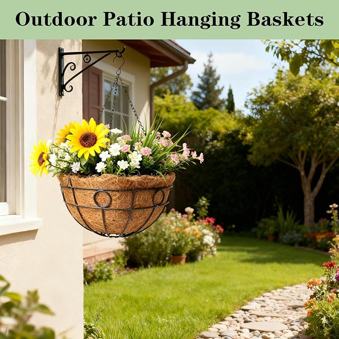 4 Pack 14 Inch Black Metal Hanging Planter Baskets with Coco Coir Liner Sturdy Hanging Flower Basket for Outdoor Indoor Garden Porch Patio Balcony Decor (Round)