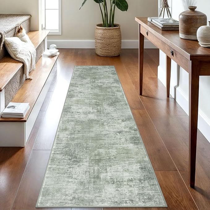 IOHOUZE Abstract Runner Rug 2x8 Ft Washable Runners for Hallways, Non Slip Kitchen Runner Printed Faux Wool Entryway Runner Indoor, Modern Abstract Floor Carpet for Hall Kitchen Bedroom, Sage Green
