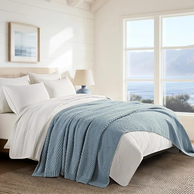 EVERGRACEHOME Chunky Chenille Knit Throw Blanket for Couch, Soft Luxurious Oversized Queen Moss Stitch Blanket for Bed, Cozy Farmhouse Knitted Throw for Sofa, Chambray Blue, 90" x 90"