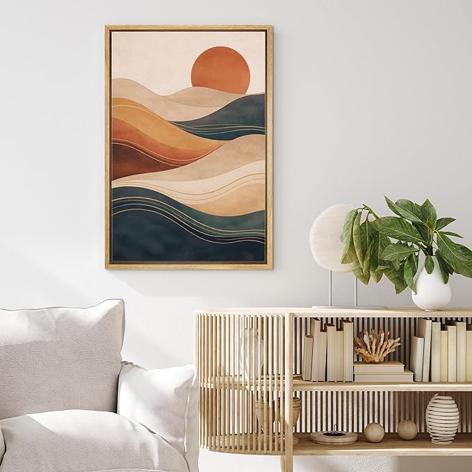 MUDECOR Framed Canvas Print Wall Art Modern Abstract Desert Sun and Flowing Waves Illustrations Minimalism Decorative Bohemian Zen for Living Room, Bedroom, Office - 24"x36" NATURAL