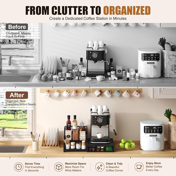 Coffee Station Organizer with K Cup Holder, 28 Pod Capacity,3-Tier Syrup Rack with Coffee Pod Holder Drawer, Coffee Bar organizer Countertop for Accessories,Black