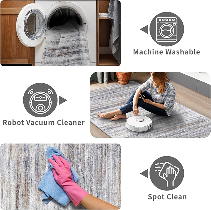 4x6 Rugs for Living Room: Non-Slip Washable Area Rug for Hallway Entryway Kitchen Bedroom - Easy-to-Clean Stain and Water Resistant Carpet - Soft Low-Pile Throw Mat Beige Grey