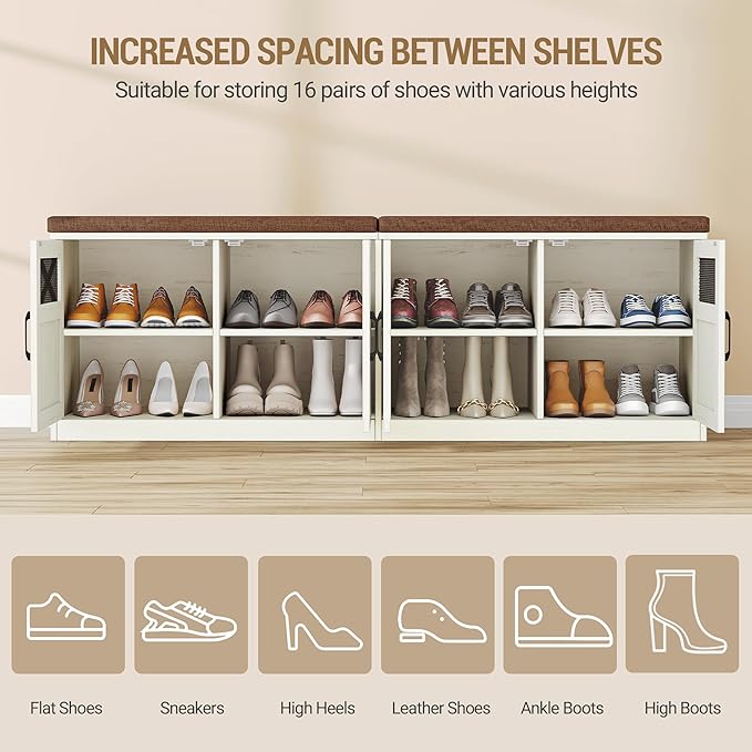 Hzuaneri 2 Tier Shoe Storage Bench with Doors, 59" Farmhouse Shoe Bench with Padded Cushion, 12-16 Pairs of Bed End Bench, Entryway Bench with Storage for Bedroom, Living Room,Rustic White SB61514KA