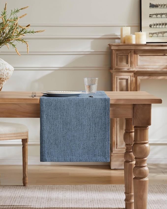ZeeMart Burlap Style Farmhouse Table Runners 90 Inches Long, Blue Rustic Woven Dining Table Runner for Everyday Use, 14x90 Inches, Blue