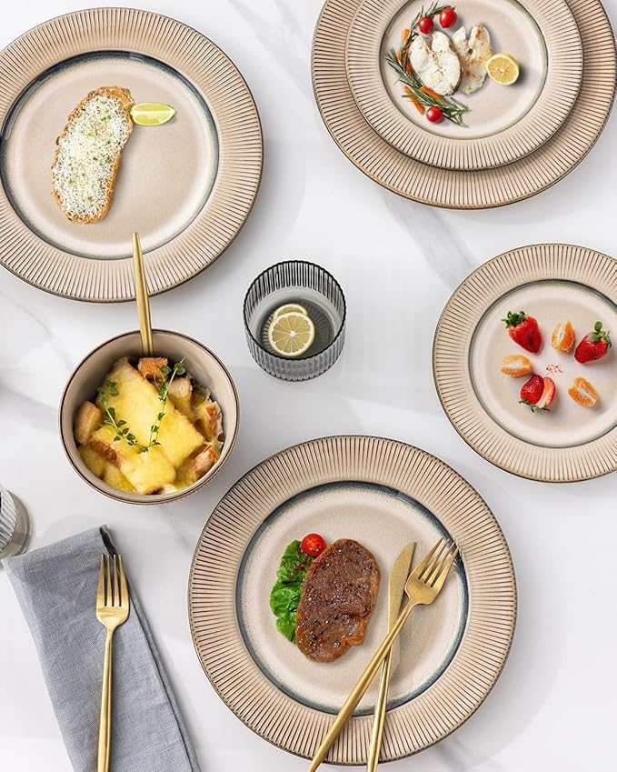 GBHOME Ceramic Dinnerware Sets, 24 pcs Embossed Elegant Stoneware Plates and Bowls Sets, Housewarming Wedding Gift | Dishwasher & Microwave Safe | Dishes Set Service for 8