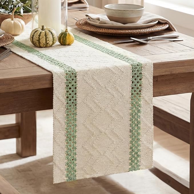 Artoid Mode Sage Green Stripe Woven Table Runner, Seasonal Holiday Hollow Kitchen Dining Table Decoration for Home Party Decor 12x108 Inch