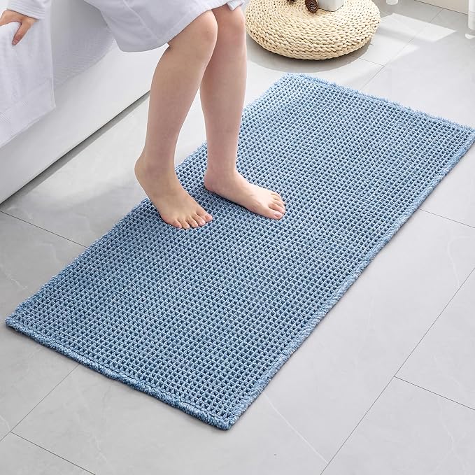 Disolla Waffle Bath Mat, Non Slip Absorbent Bathroom Rug, Machine Washable Quick Dry Ultra Soft Bathroom Floor Mat, Blue & White Bath Rug for Tub Shower, 24''x48''
